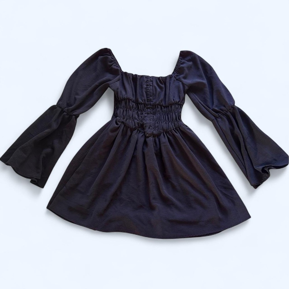 One Clothing Los Angeles Black ruched off the shoulder dress w long bell sleeves